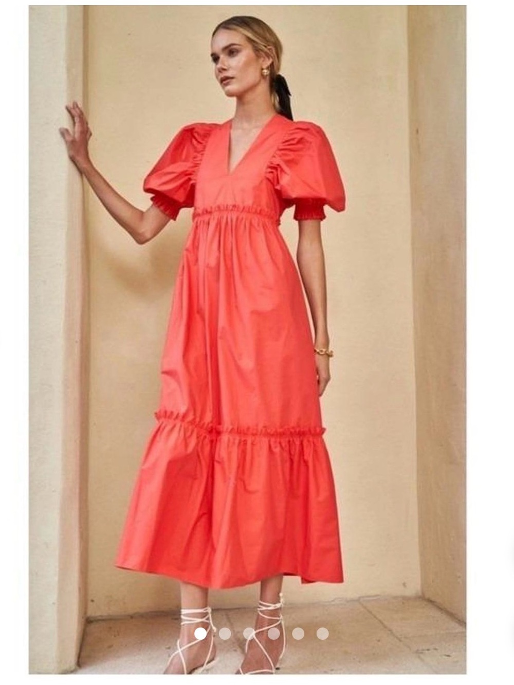 HUNTER BELL Coral red Puff-Sleeve Midi Palmer Dress S